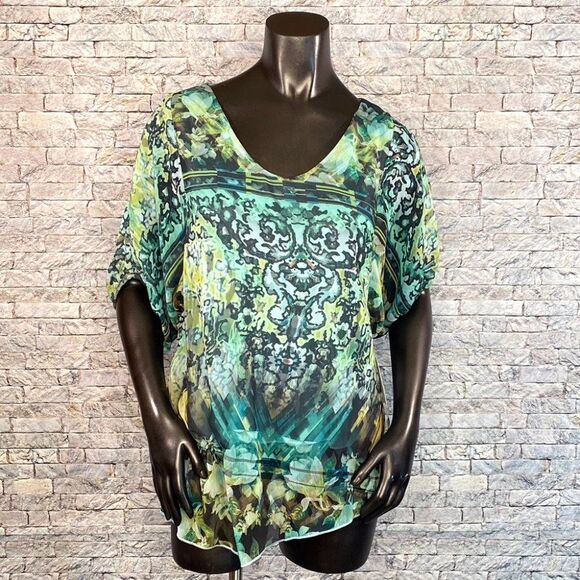 One World NWT Boho Tunic Top Short Sleeve Size Small Abstract Print Flowy - Picture 1 of 8